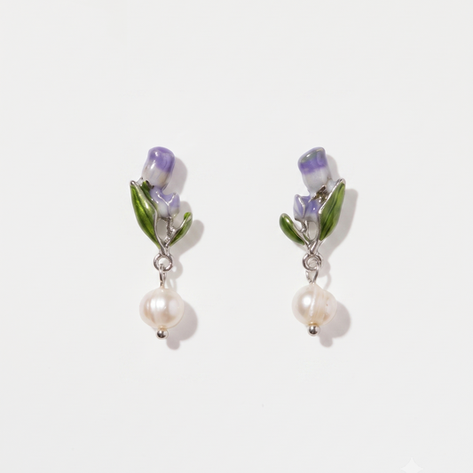 Purple Bell – Enamel Flower & Pearl Drop Earrings