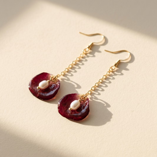 Simple Petals – Simple Rose Petal & Pearl Long Drop Earrings