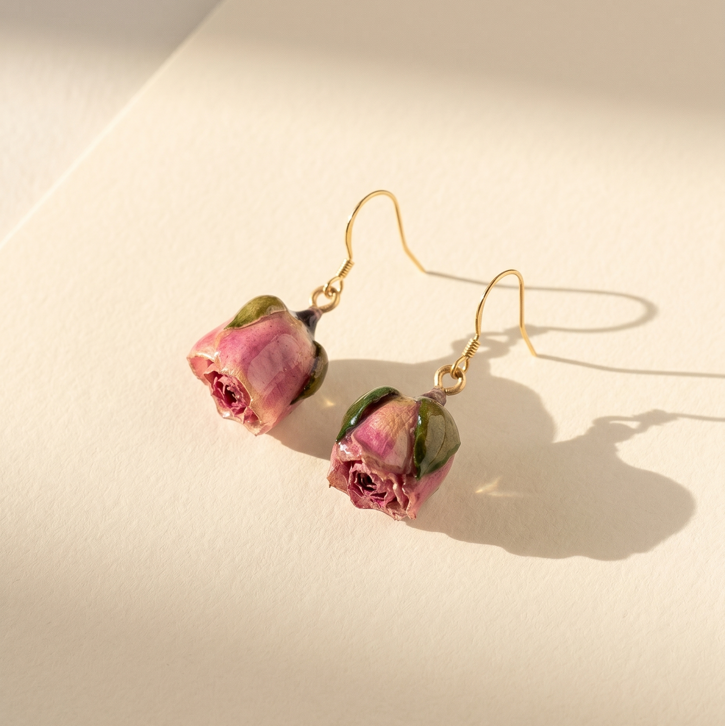 Rose Bud – Pink-Red Dried Rose Bud Drop Earrings