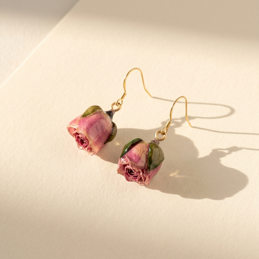 Rose Bud – Pink-Red Dried Rose Bud Drop Earrings