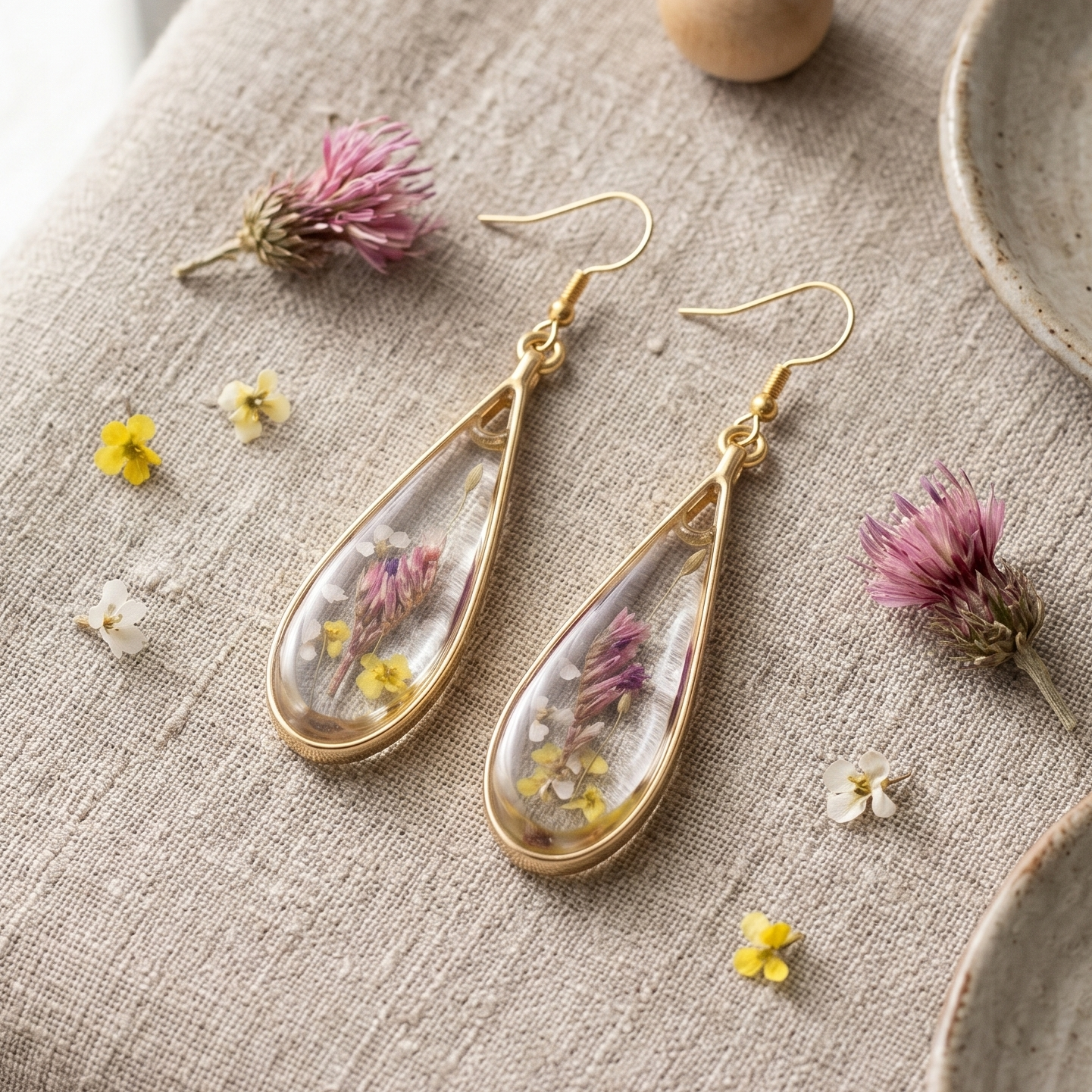 Purple clover – Pressed Purple Clover Clear Teardrop Resin Drop Earrings
