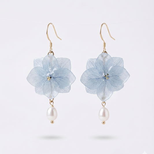 Hydrangea – Blue Hydrangea & Pearl Drop Earrings