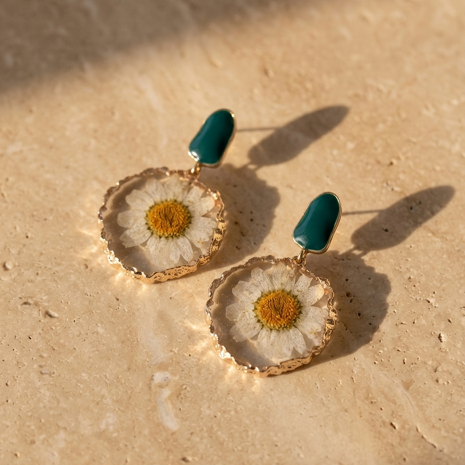 Daisy's Sparkle – Real Dried Daisy & Resin Drop Earrings