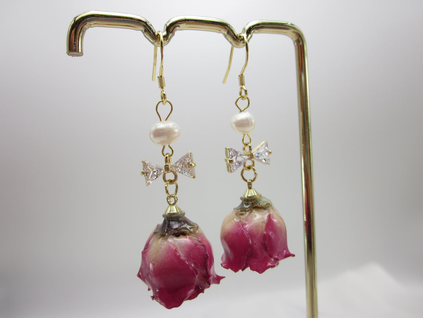 Dried Rose Earrings - Red Crystal Peal