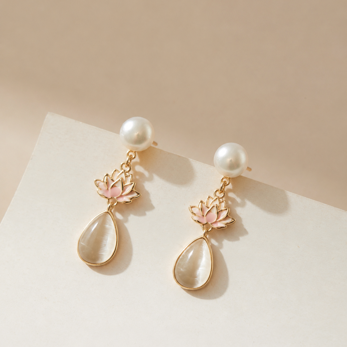 Lotus Dew – Lotus Flower & Moonstone Pearl Drop Earrings