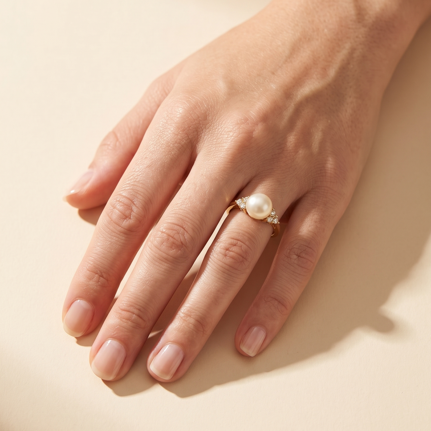A close-up of a hand wearing a delicate gold ring with a single white pearl, resting on a warm beige surface with soft shadows.