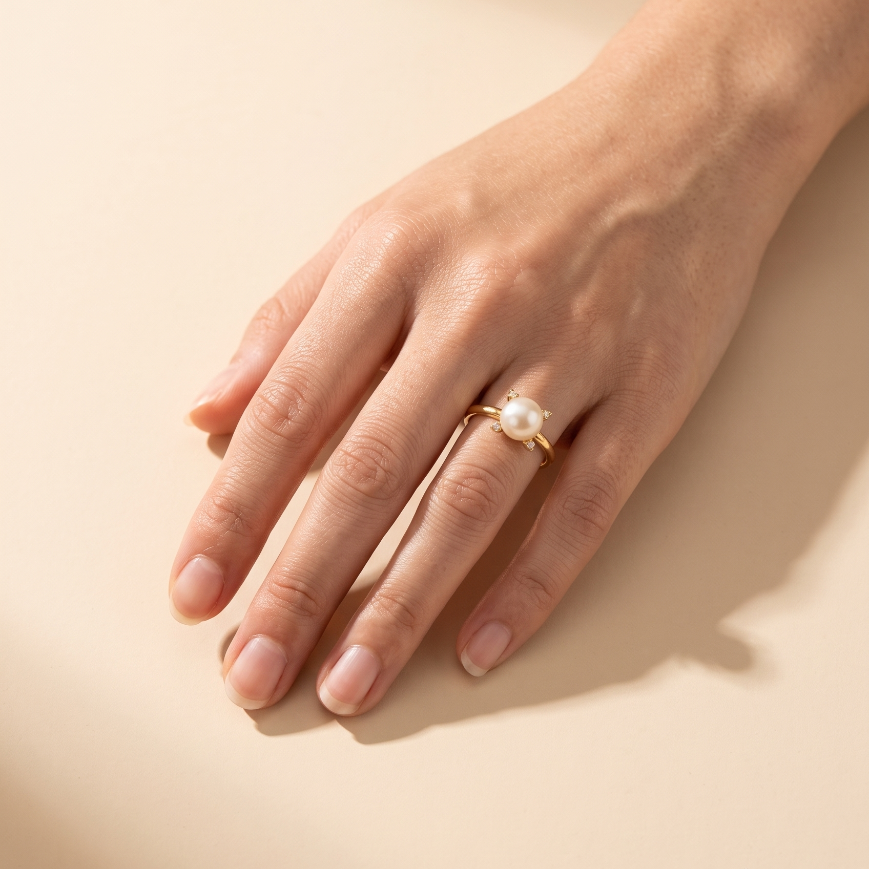 A close-up of a person's hand resting on a warm beige surface, wearing a delicate gold ring with a single round white pearl.