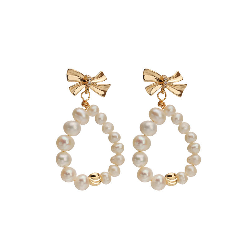 Golden Bow Donut Pearl Earrings