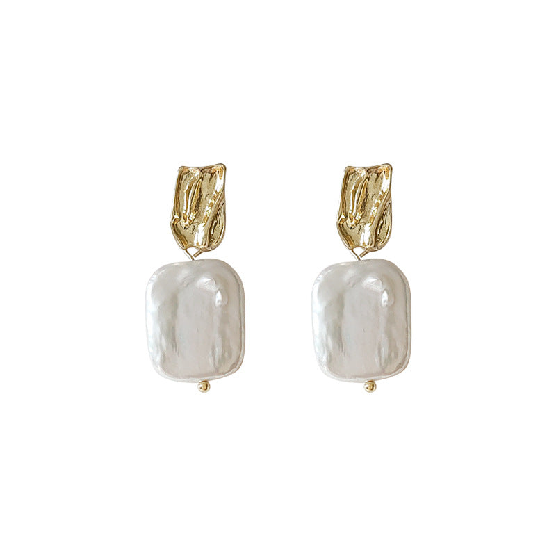 Gold Square Baroque Freshwater Pearl Drop Earrings