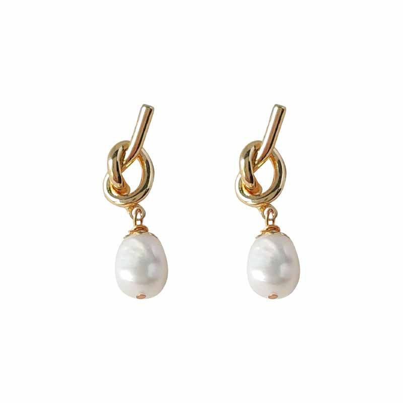 Gold Knot Baroque Freshwater Pearl Drop Earrings