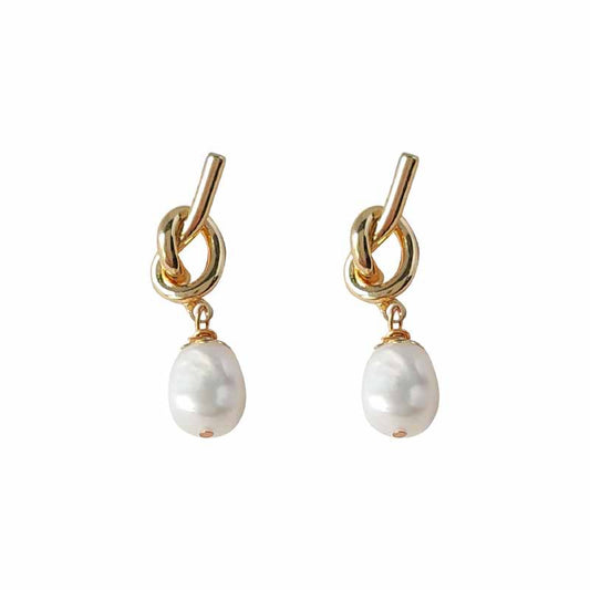 Gold Knot Baroque Freshwater Pearl Drop Earrings